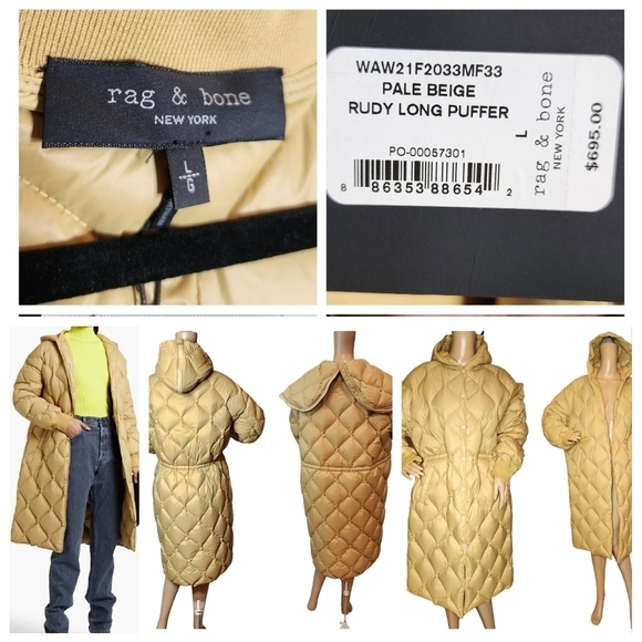 NWT Rag & Bone Down Rudy Quilted Shell Hooded Beige Coat Size Large Oversized